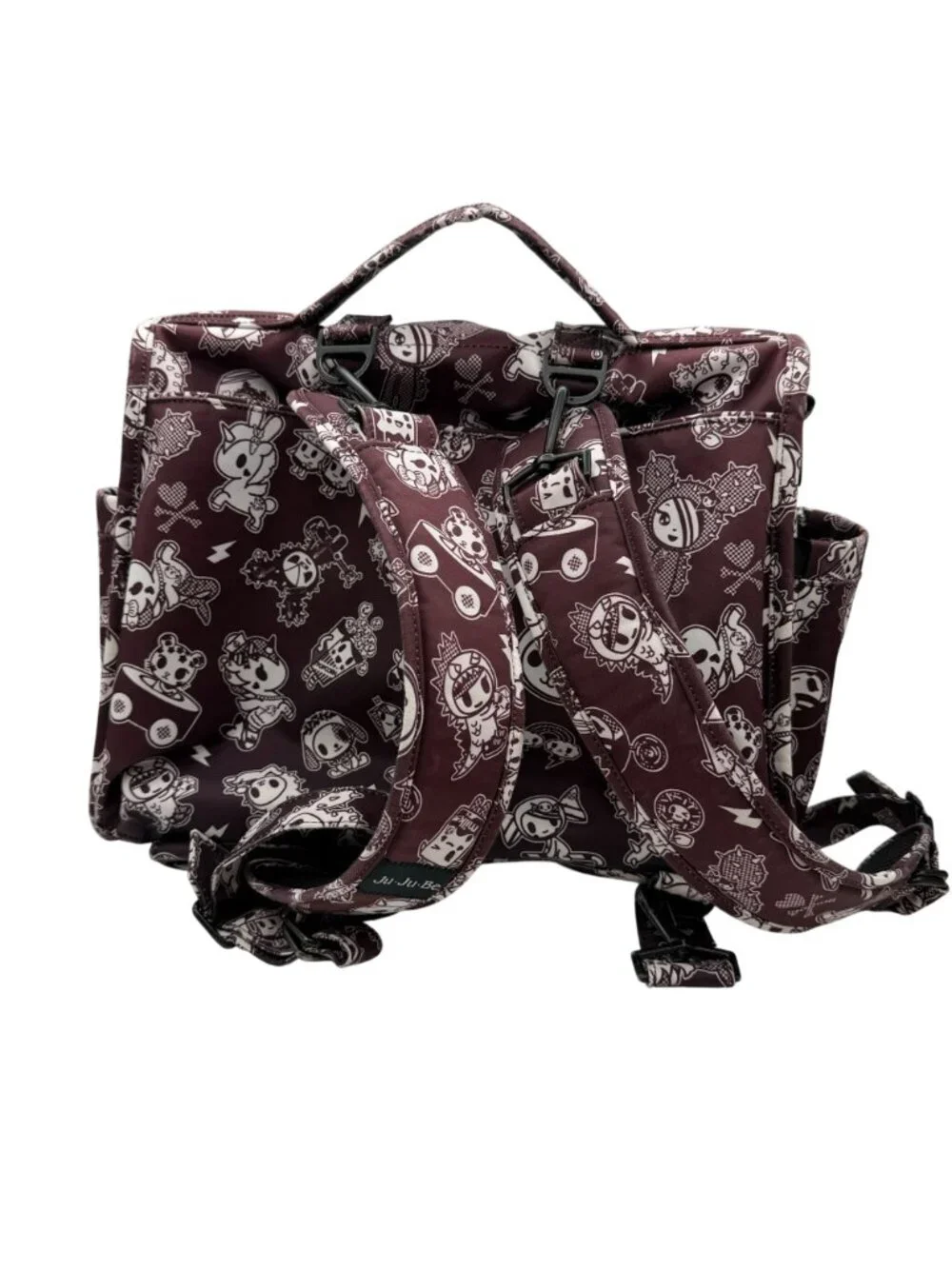 TokiDoki X JuJuBe Queens Court diaper bag maroon white zippered backpack